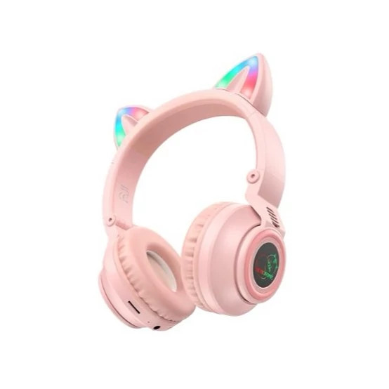 هدفون بلوتوثی بروفون مدل BO18 صورتی – طرح Cat Ear با نورپردازی RGB و درایور ۴۰ میلیمتری