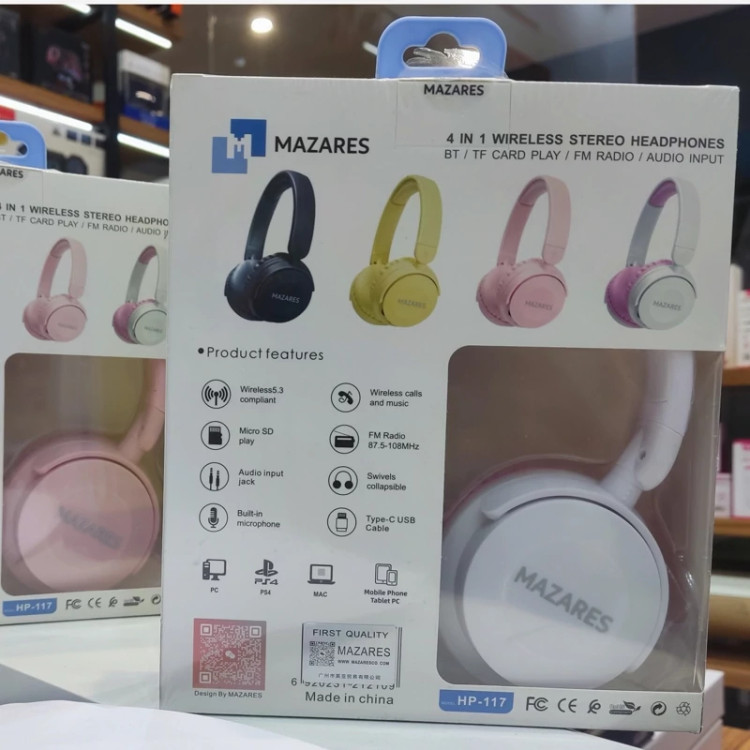 هدست بلوتوثی مازارس مدل HP-117 – On-Ear با بلوتوث 5.3، کارت حافظه، رادیو FM و AUX