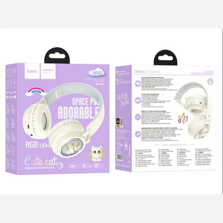 هدفون بلوتوثی هوکو مدل W50 – طراحی فوقسبک با بلوتوث 5.3، نورپردازی RGB و پخش ۱۲ ساعته