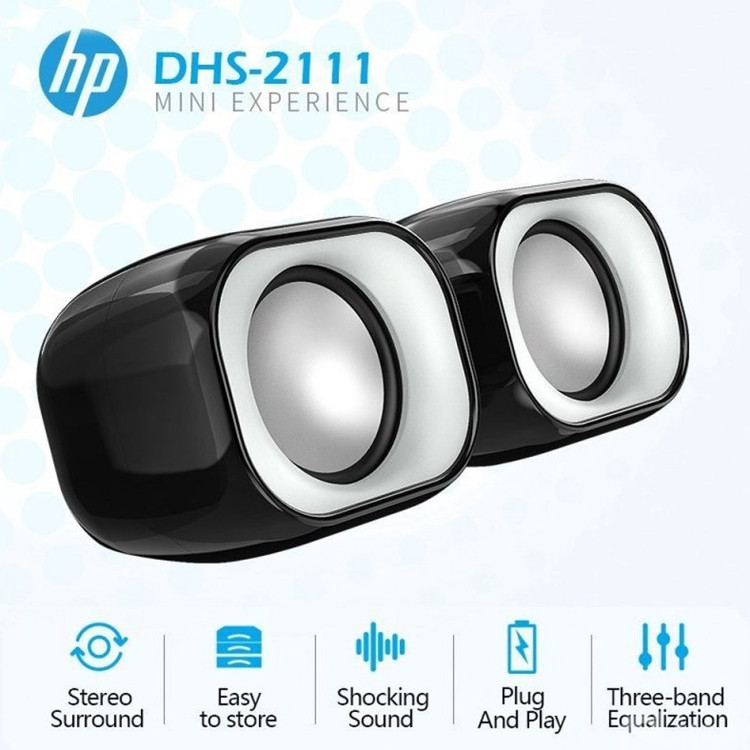 اسپیکر دسکتاپ اچپی HP مدل DHS-2111 - سیستم صوتی ۲.۰ کاناله - توان ۶ وات - تغذیه USB - جک ۳.۵ میلیمتری AUX - طراحی جمعوجور