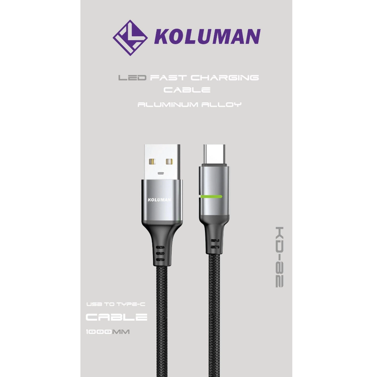 کابل فست شارژ و دیتا USB به Type-C کلومن مدل KOLUMAN KD-82 ⚡ همراه با نمایشگر LED و روکش بافتدار – طول ۱ متر