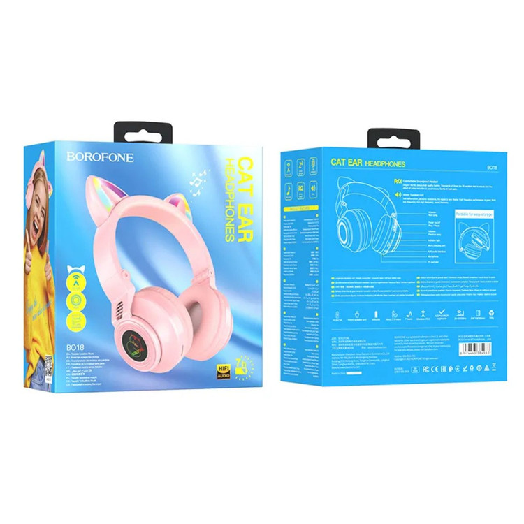 هدفون بلوتوثی بروفون مدل BO18 صورتی – طرح Cat Ear با نورپردازی RGB و درایور ۴۰ میلیمتری