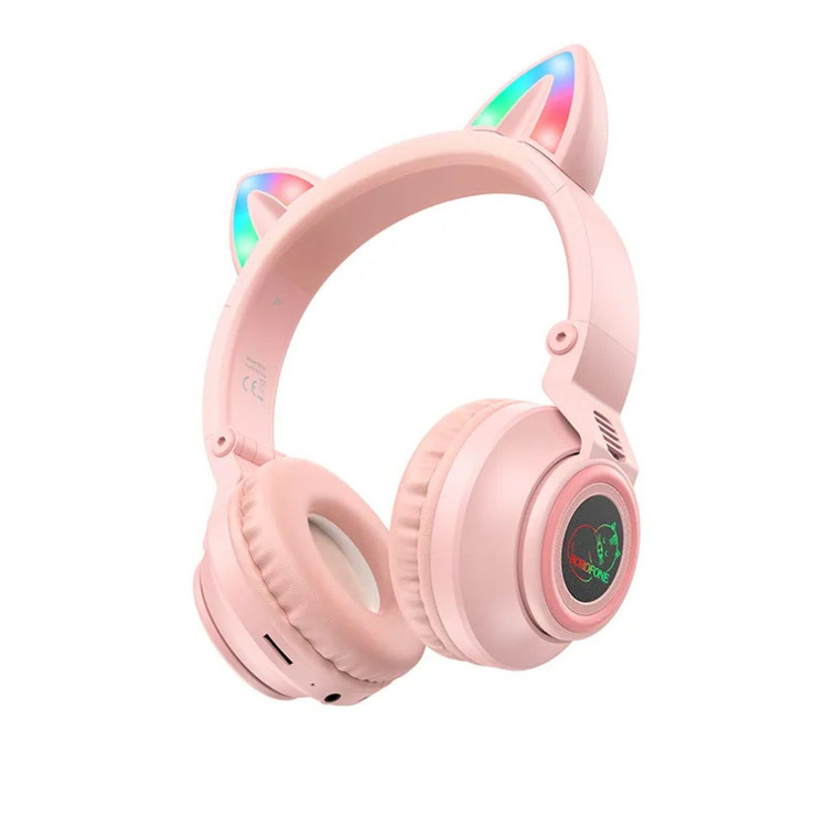 هدفون بلوتوثی بروفون مدل BO18 صورتی – طرح Cat Ear با نورپردازی RGB و درایور ۴۰ میلیمتری
