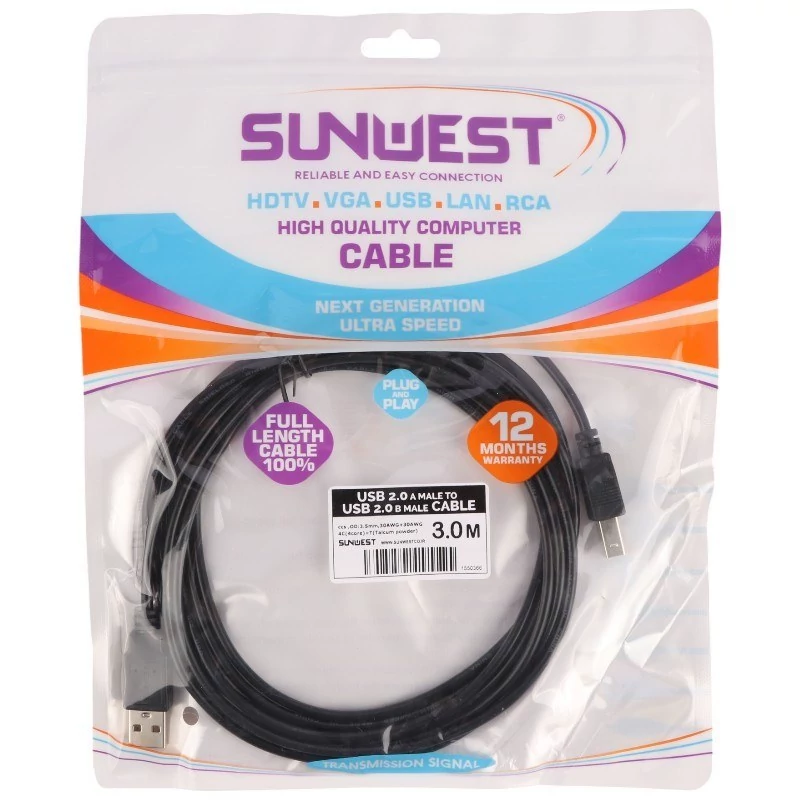 کابل پرینتر سان وست USB 2.0 طول ۳ متر – اتصال پایدار با روکش مقاوم و کانکتورهای فلزی
