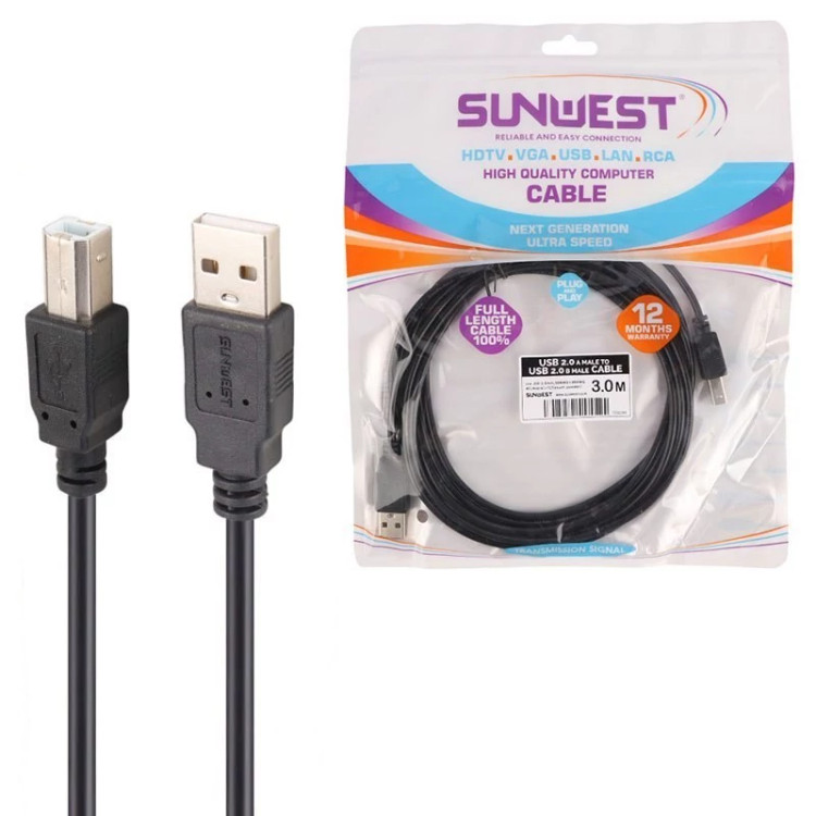 کابل پرینتر سان وست USB 2.0 طول ۳ متر – اتصال پایدار با روکش مقاوم و کانکتورهای فلزی