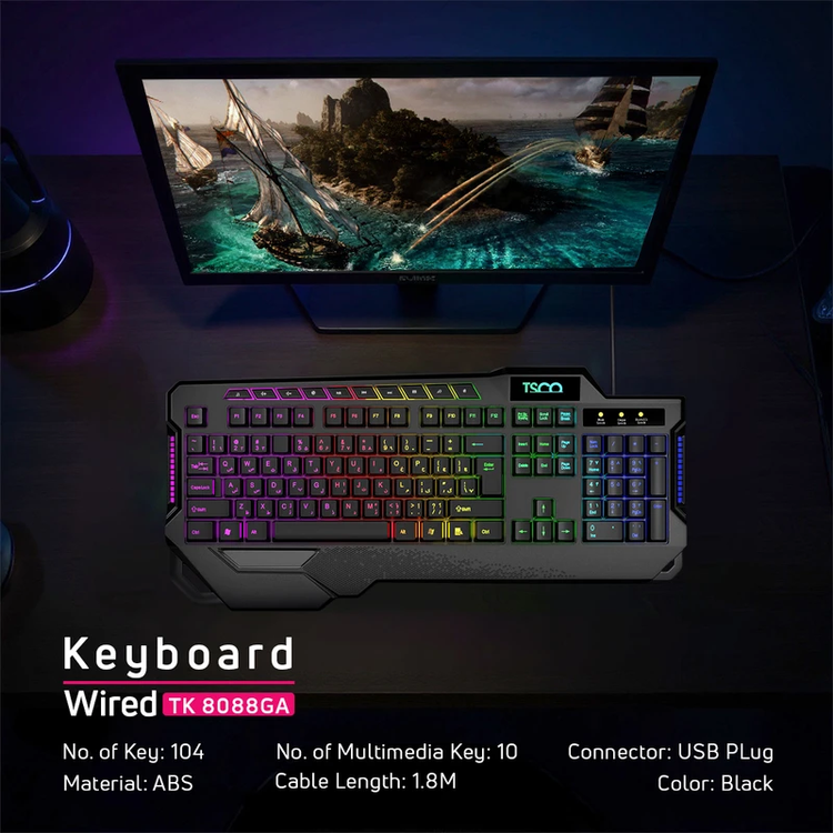 ⌨️ کیبورد تسکو مدل TK 8088GA با نور رنگینکمانی و کلیدهای مولتیمدیا