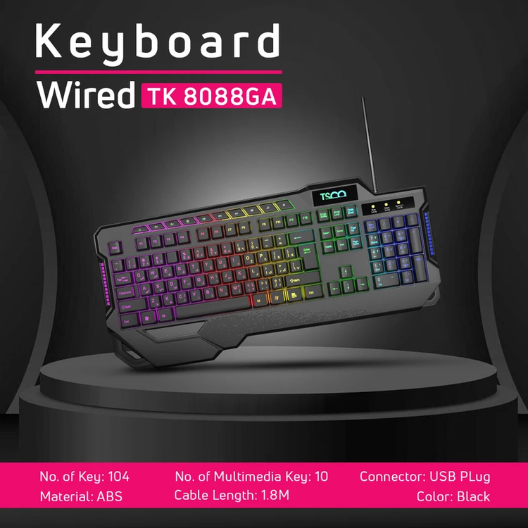 ⌨️ کیبورد تسکو مدل TK 8088GA با نور رنگینکمانی و کلیدهای مولتیمدیا