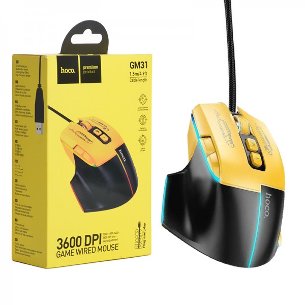 🖱️ موس گیمینگ سیمی هوکو مدل GM31 با ۳۶۰۰ DPI و نور RGB